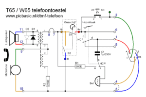 Schema van T65/W65 telefoontoestel, van Picbasic.nl (https://www.picbasic.nl/t65-telefoon.htm)