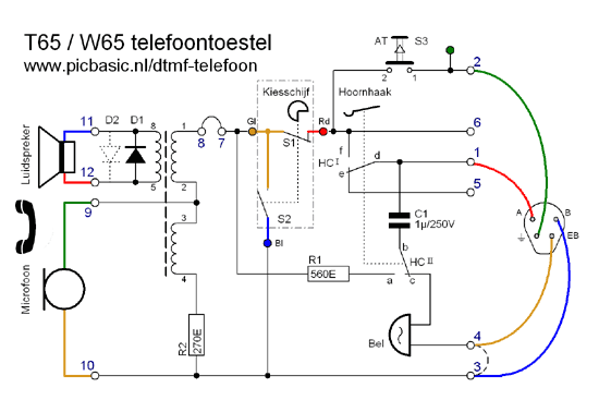 Schema van T65/W65 telefoontoestel, van Picbasic.nl (https://www.picbasic.nl/frameload.htm?https://www.picbasic.nl/t65-telefoon.htm)